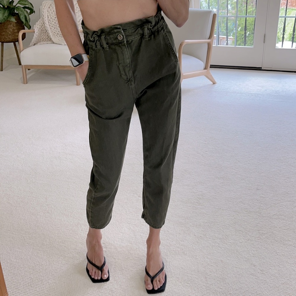 Zara Cinch Waist crop Pants in Army